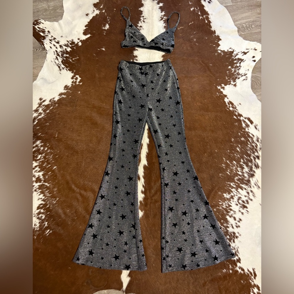 SHEIN Black Star Patterned Gray Flare Pants & Top Set